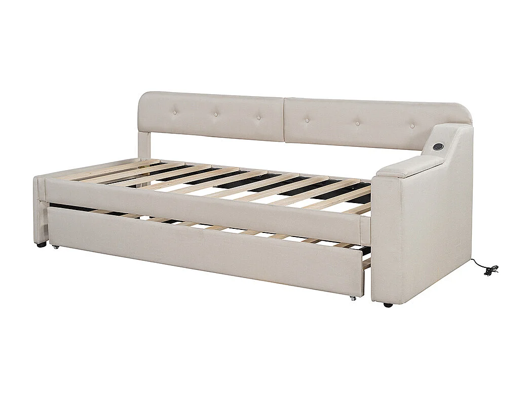 Canapé lit 90x200cm avec sommier à lattes, compartiment de rangement rabattable, type USB+C, lin, beige
