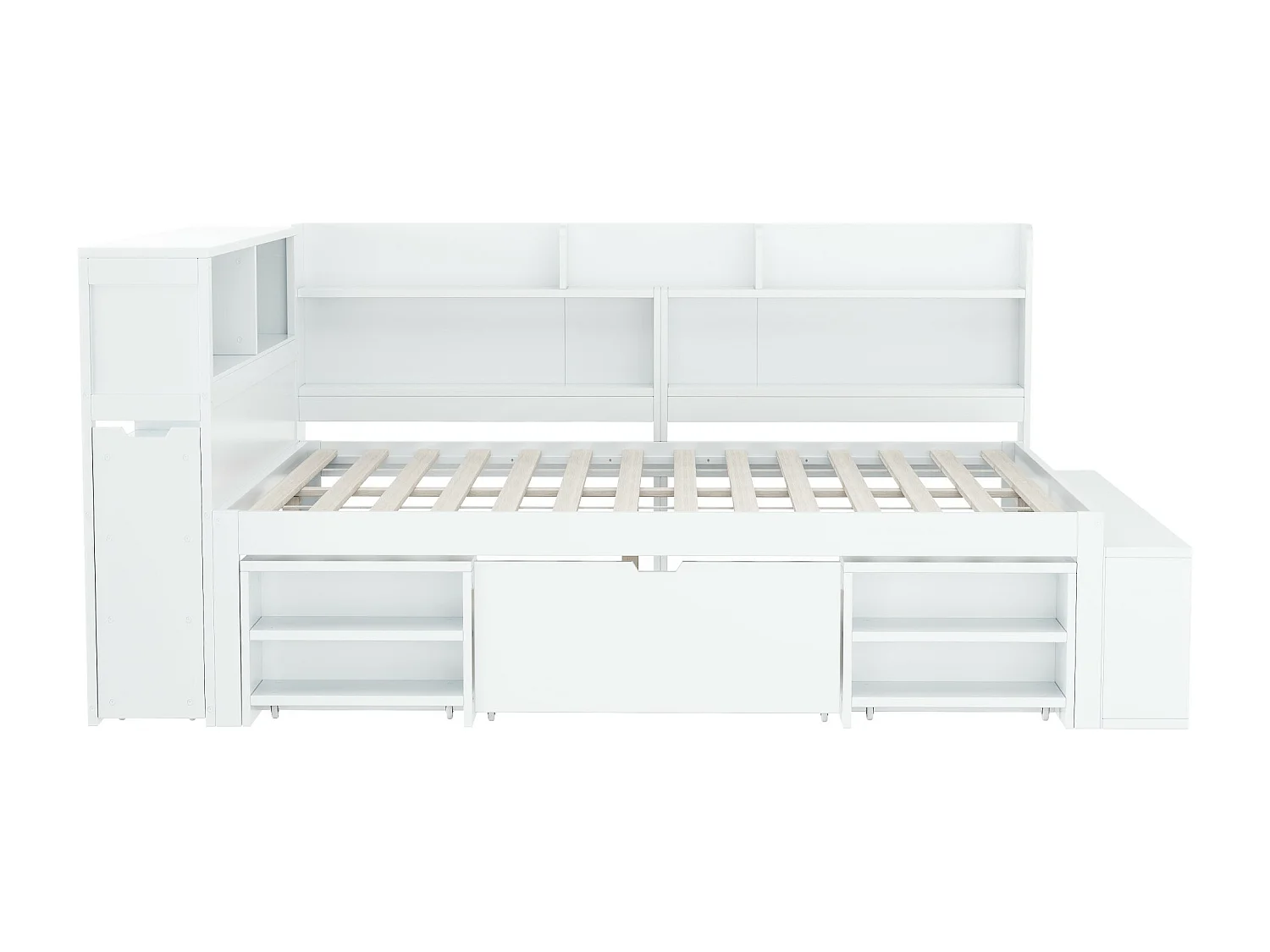 Kinderbett 140*200 cm, mit Schubladen, Regalen und Stauraum, Lattenrost, weiß