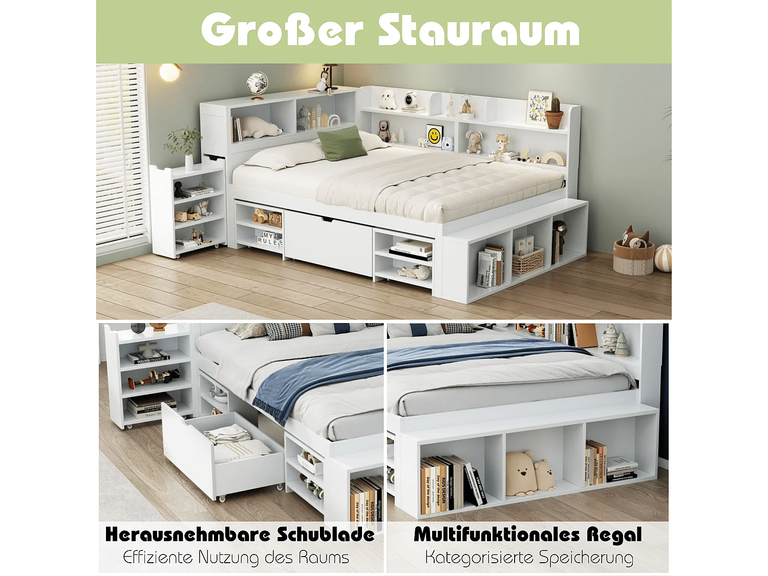 Kinderbett 140*200 cm, mit Schubladen, Regalen und Stauraum, Lattenrost, weiß