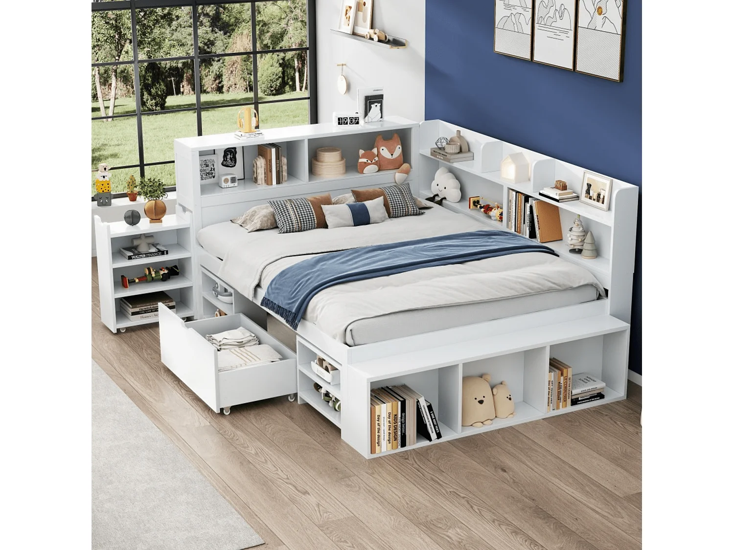 Kinderbett 140*200 cm, mit Schubladen, Regalen und Stauraum, Lattenrost, weiß