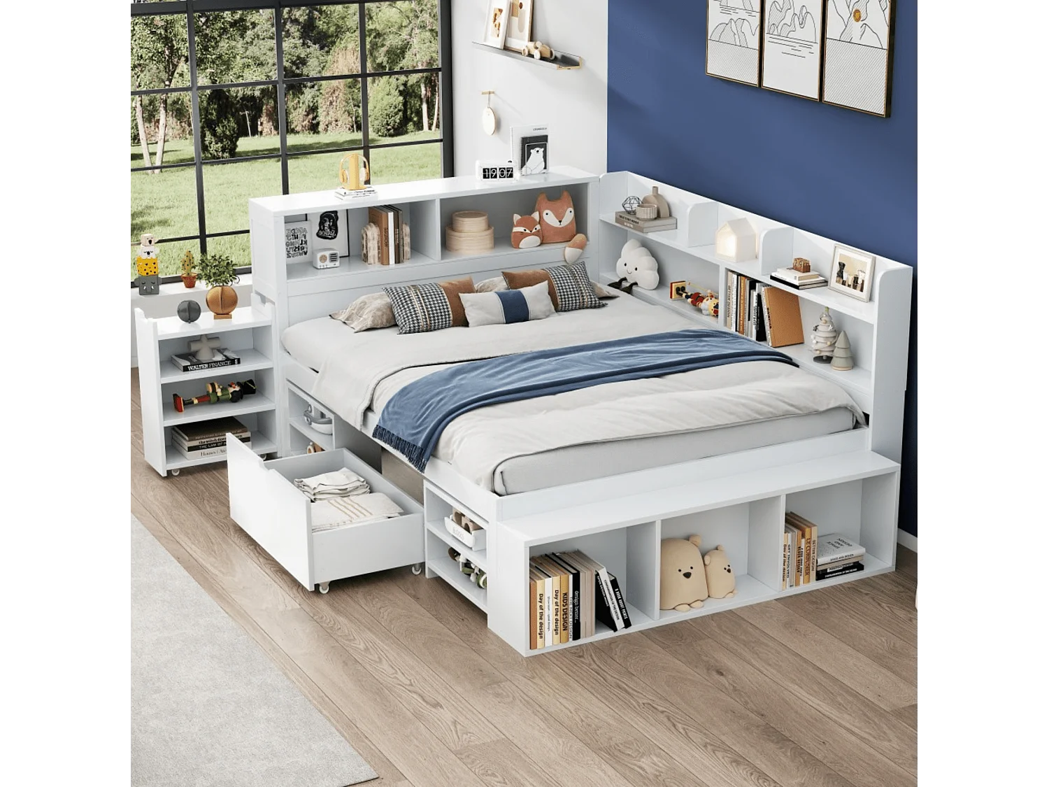 Kinderbett 140*200 cm, mit Schubladen, Regalen und Stauraum, Lattenrost, weiß