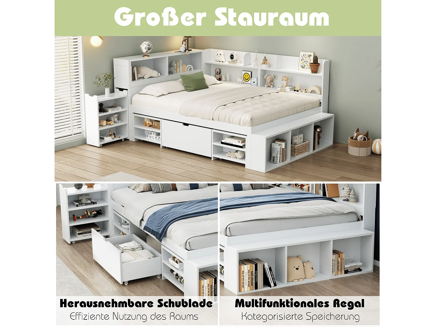 Kinderbett 140*200 cm, mit Schubladen, Regalen und Stauraum, Lattenrost, weiß