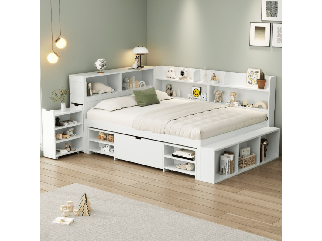 Kinderbed 140*200 cm, met laden, planken en opbergruimte, lattenbodem, wit