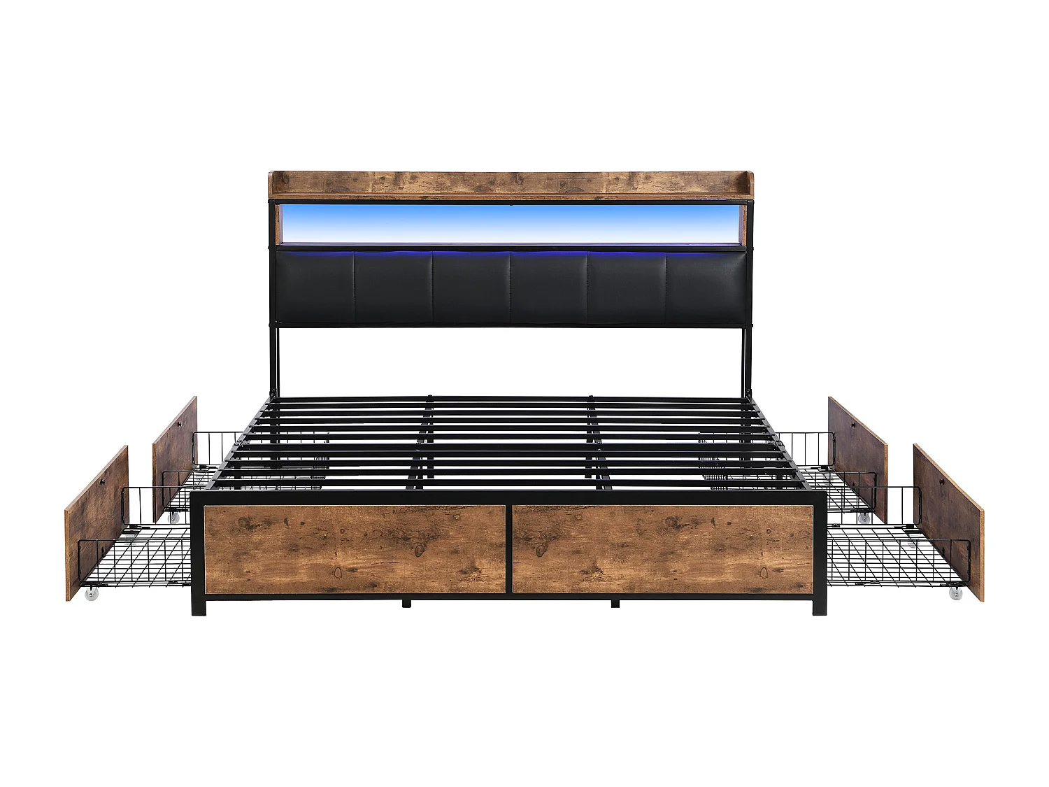 Cama tapizada 180*200 con somier y cabecero, cama LED con 4 cajones, PU, negra