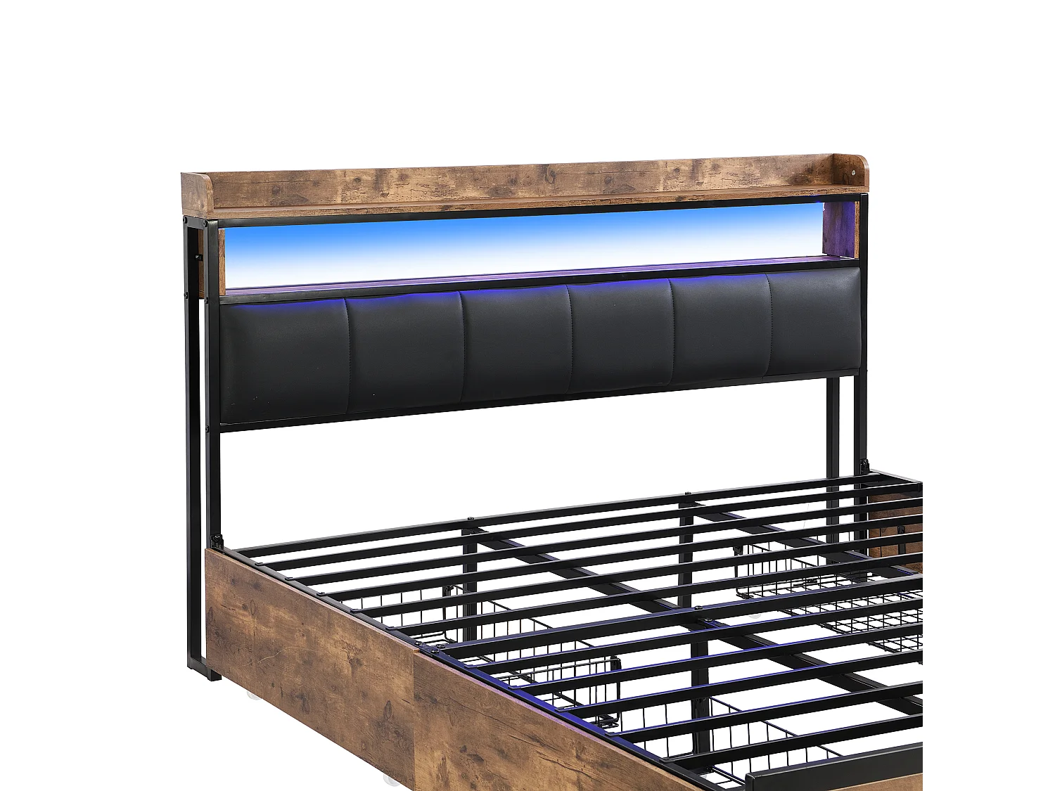 Cama tapizada 180*200 con somier y cabecero, cama LED con 4 cajones, PU, negra