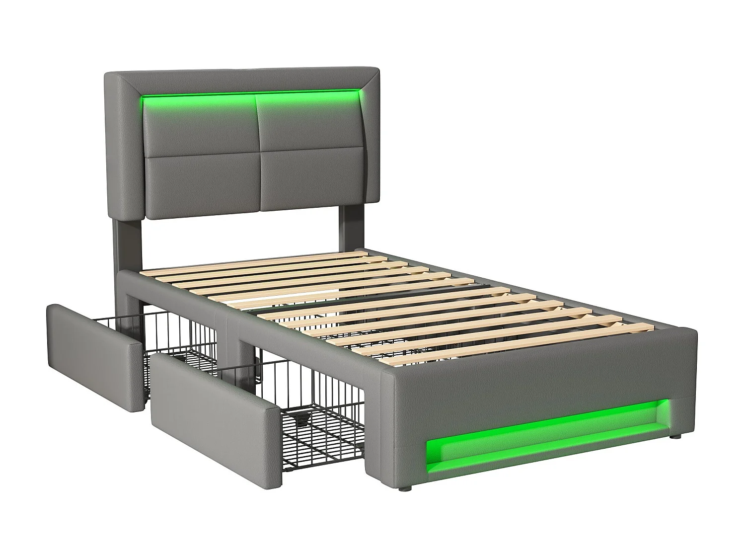 Cama tapizada 90x200 cm, con puerto USB (admite carga inalámbrica y por cable), con iluminación LED y cuatro cajones, PU-Litschi, gris