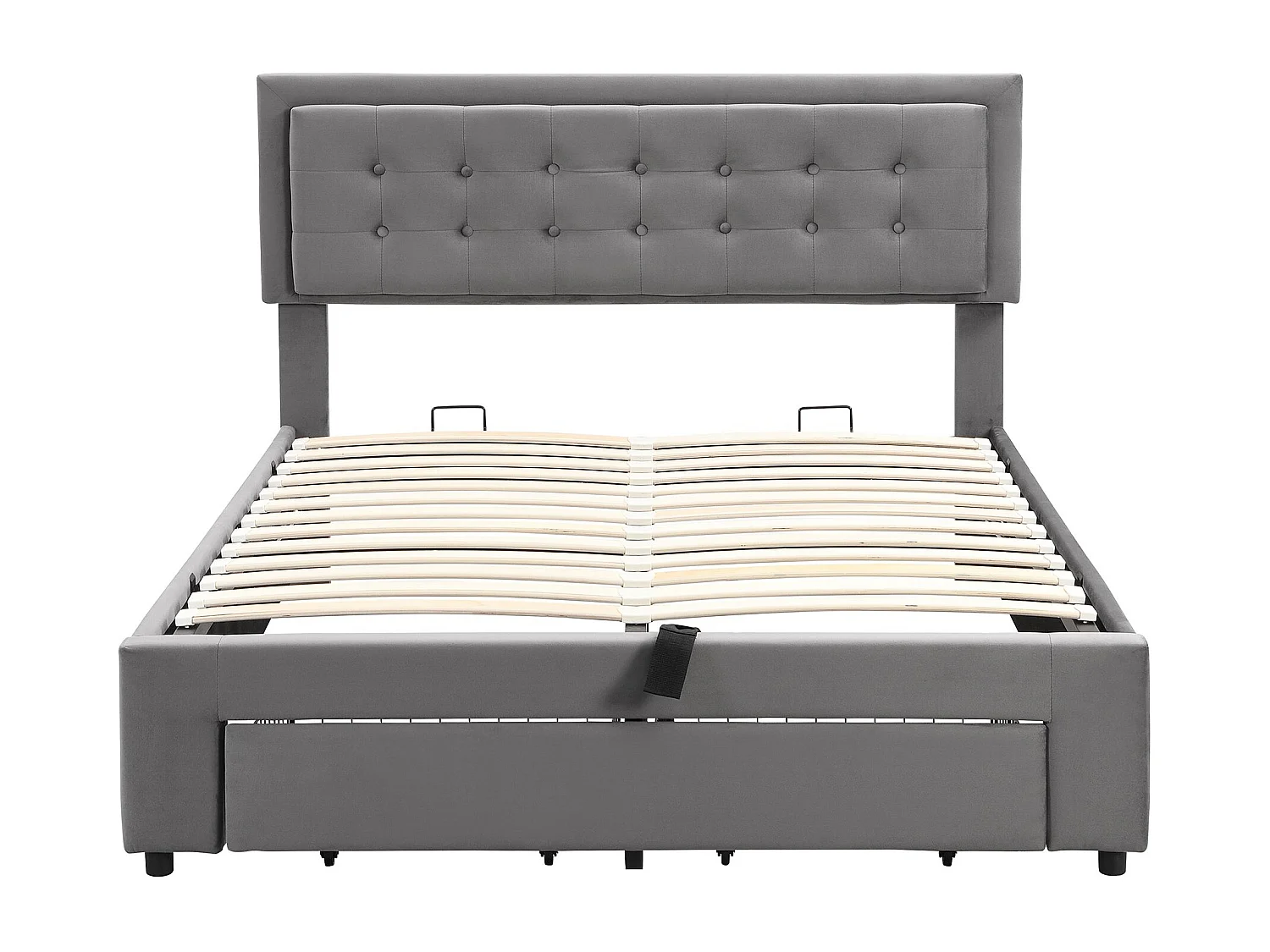 Cama hidráulica estofada 140*190, dupla, com base e cabeceira, com 2 gavetas, veludo, cinzento