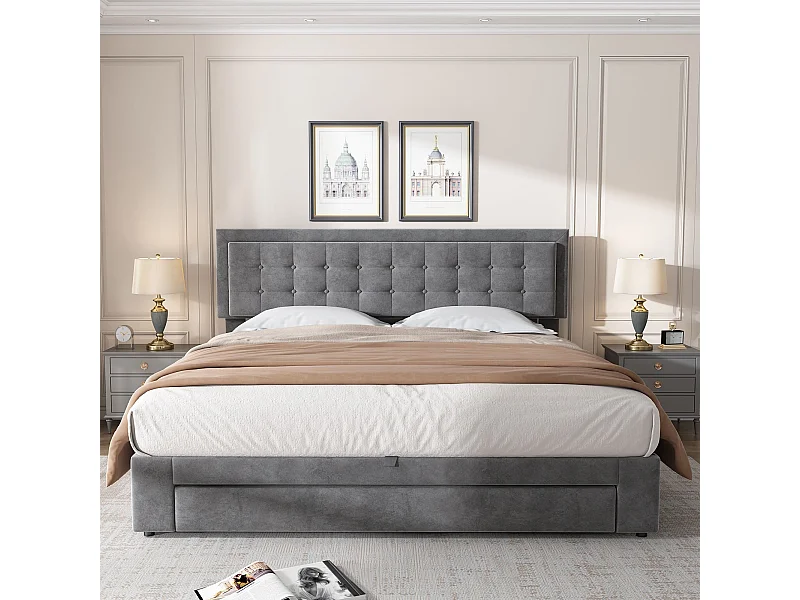 Lit double capitonné 160 x 200, avec coffre et tiroirs, tissu velours, grand espace de rangement, gris