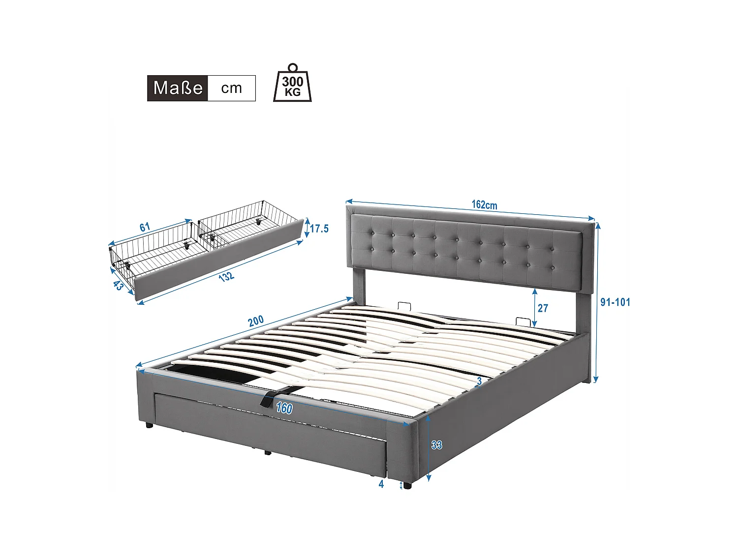 Lit double capitonné 160 x 200, avec coffre et tiroirs, tissu velours, grand espace de rangement, gris