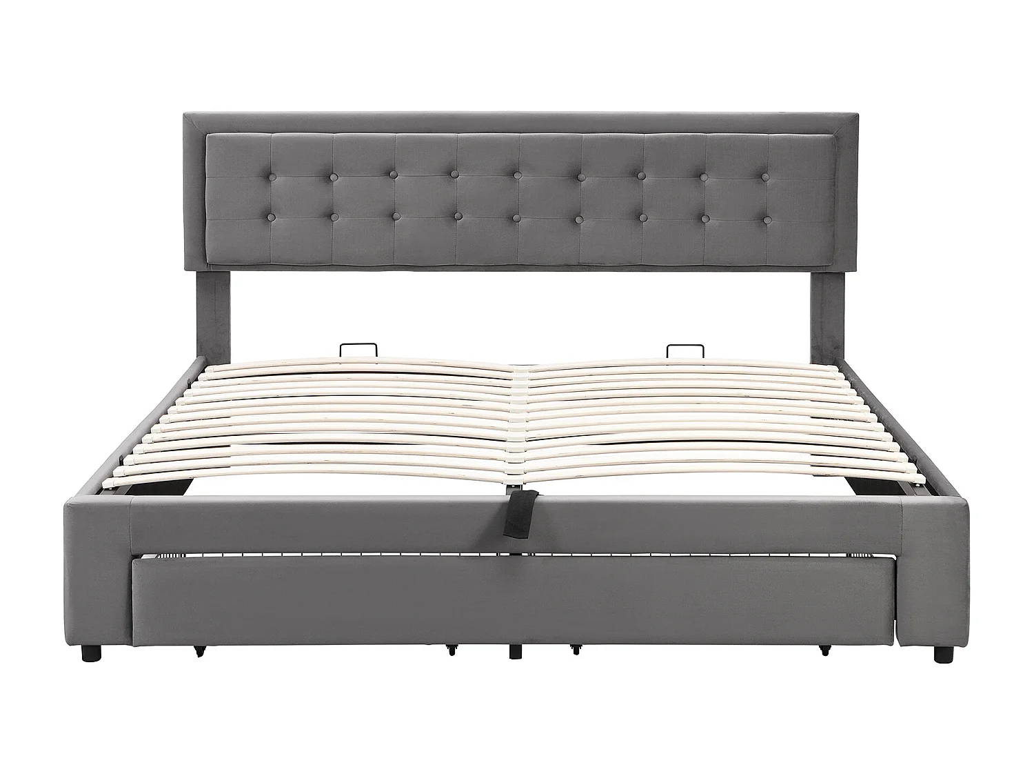 Lit double capitonné 160 x 200, avec coffre et tiroirs, tissu velours, grand espace de rangement, gris