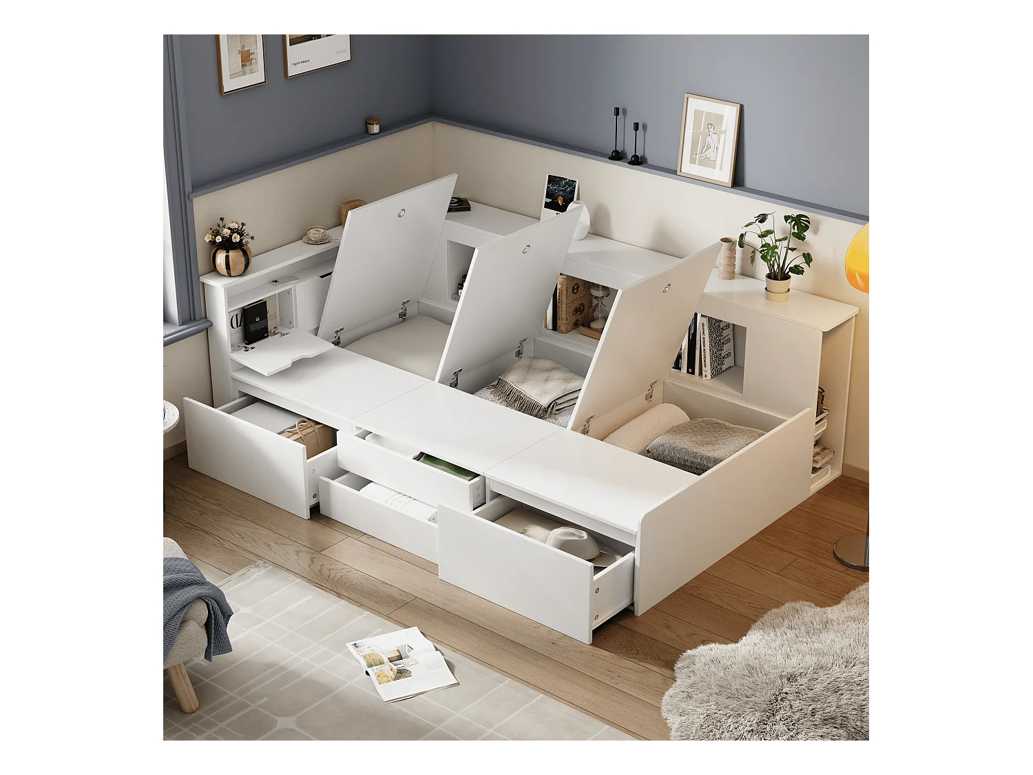 Kinderbed 90*200 cm, eenpersoonsbed met laden, boekenkast en opbergmeubel met opbergruimte, wit