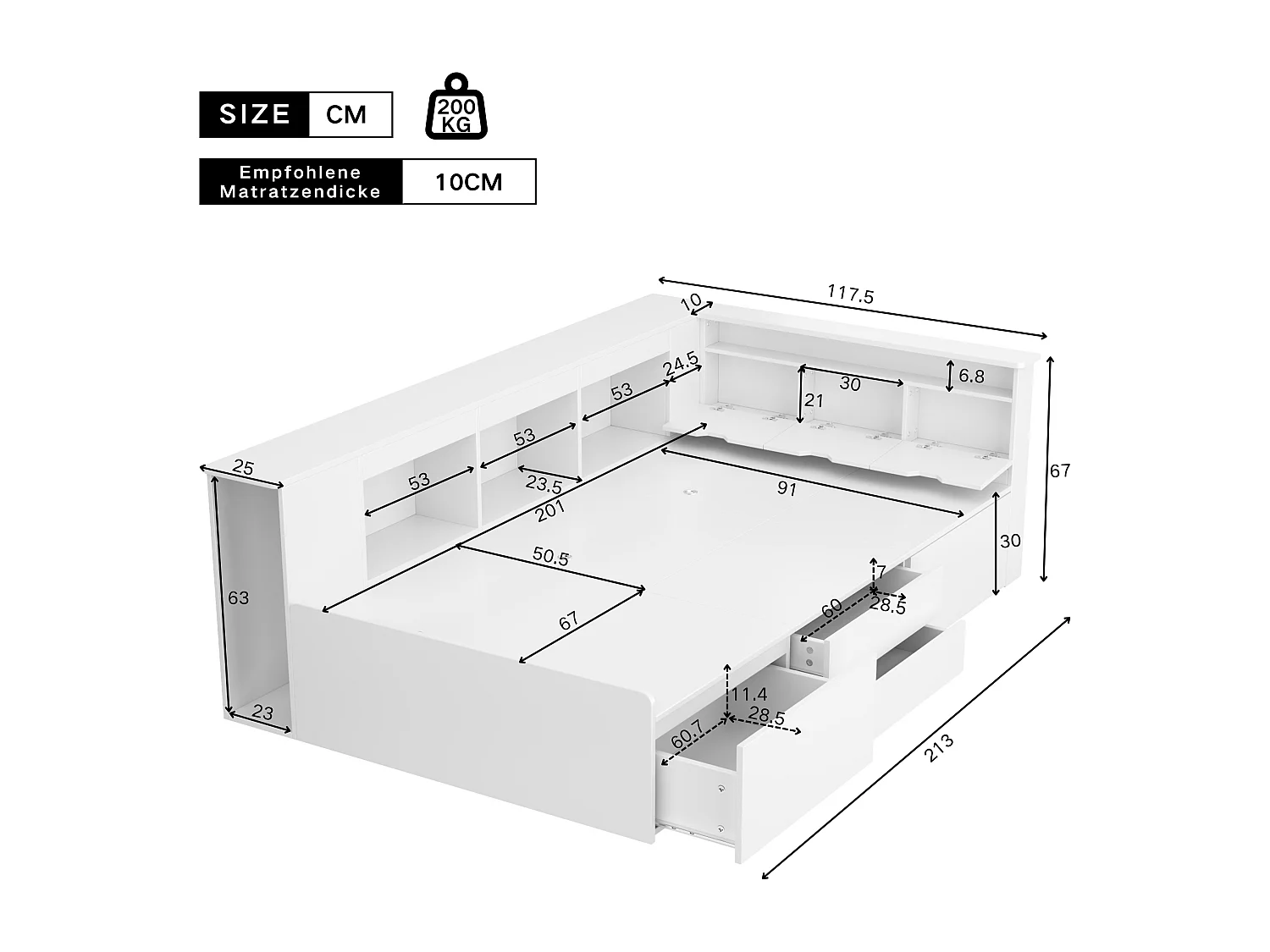 Culla 90*200 cm, letto singolo con cassetti, libreria e contenitore con spazio per riporre le cose, bianco