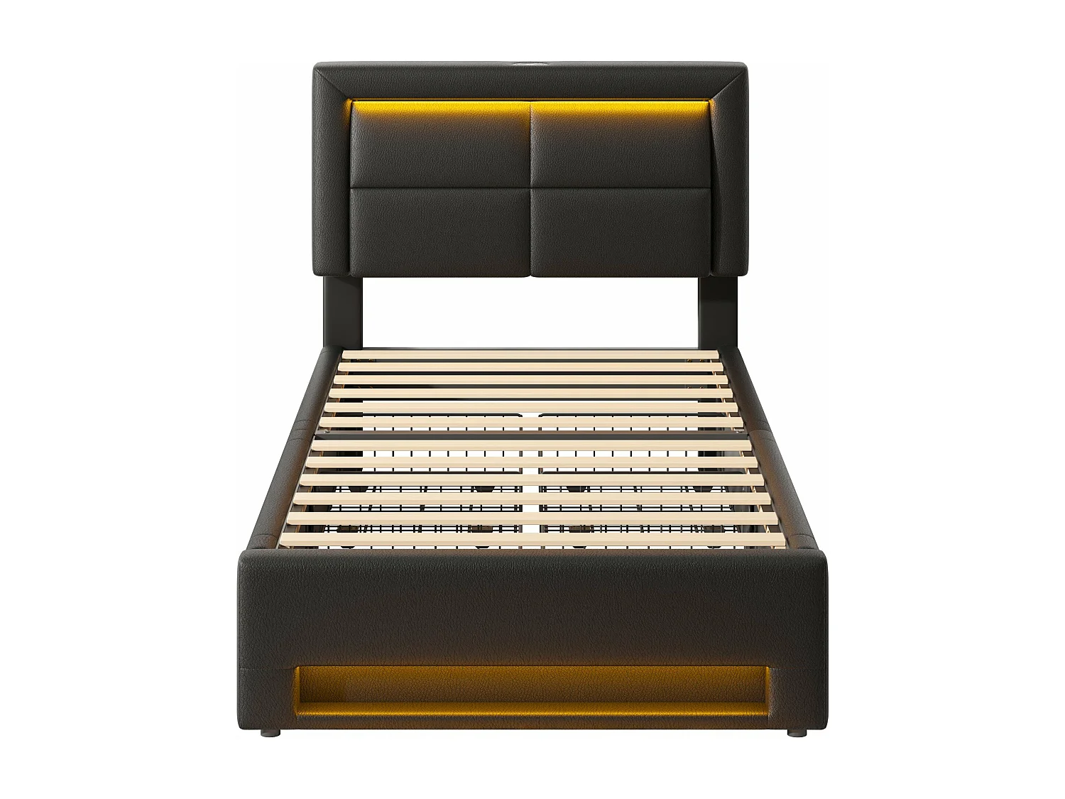 Gestoffeerd bed 90x200 cm, met USB-poort (draadloos en draadopladen mogelijk), met LED-verlichting en vier laden, PU-Litschi, zwart