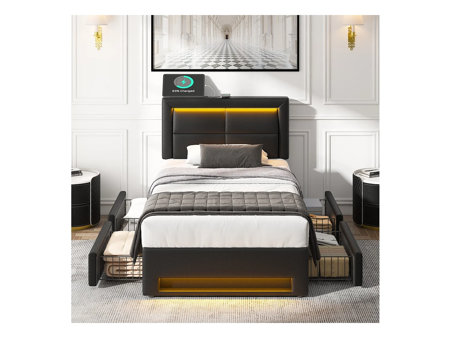 Gestoffeerd bed 90x200 cm, met USB-poort (draadloos en draadopladen mogelijk), met LED-verlichting en vier laden, PU-Litschi, zwart