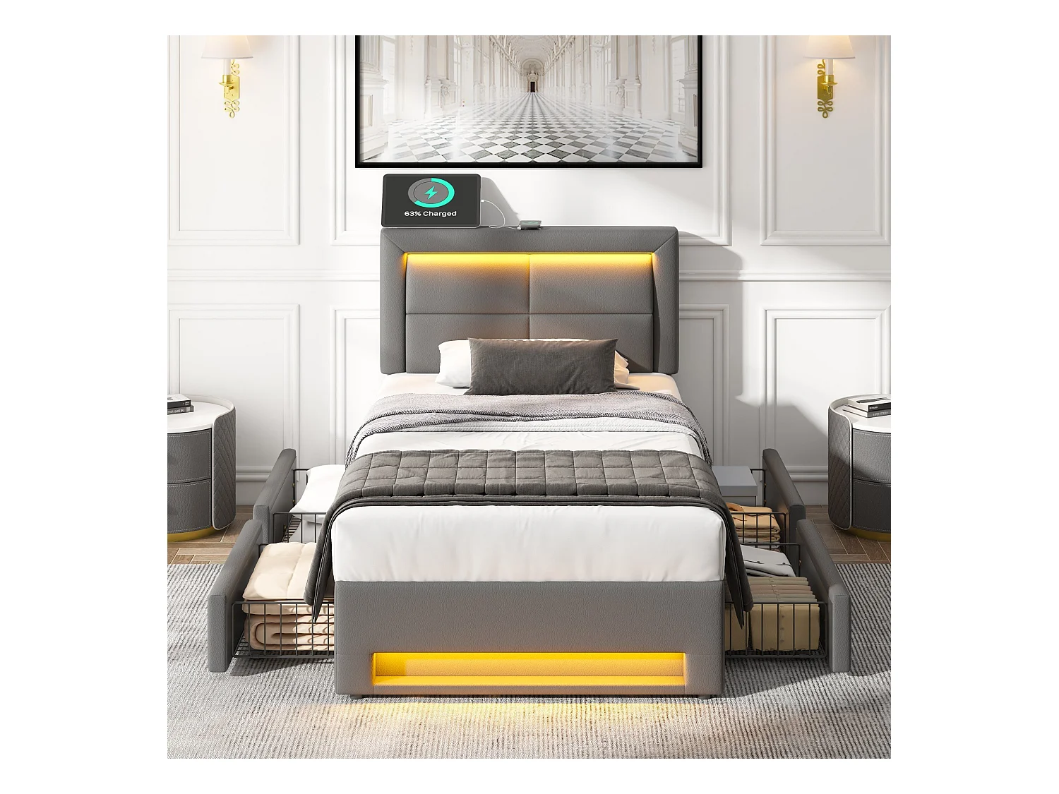 Gestoffeerd bed 90x190 cm, met USB-poort (draadloos en draadopladen mogelijk), met LED-verlichting en vier laden, PU-Litschi, grijs