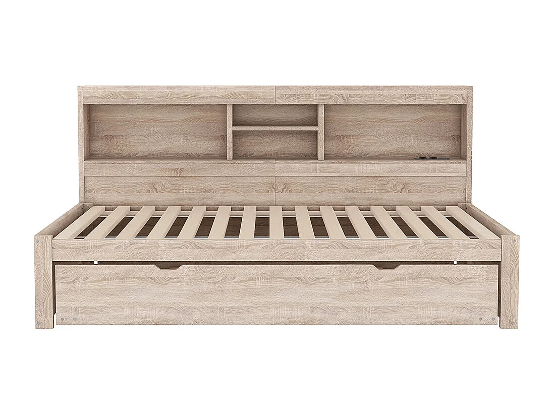 Canapé-lit, 90*200cm, Eclairage d'ambiance télécommandé, Rangement de chevet, Prise + USB, Naturel