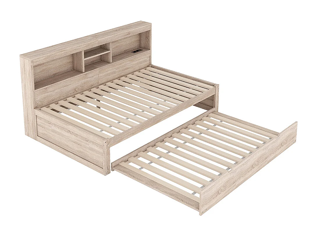 Canapé-lit, 90*200cm, Eclairage d'ambiance télécommandé, Rangement de chevet, Prise + USB, Naturel