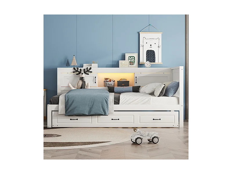 Schlafsofa 90*200cm, Stimmungsbeleuchtung mit Fernbedienung, Staufach, Steckdose + USB, Weiß