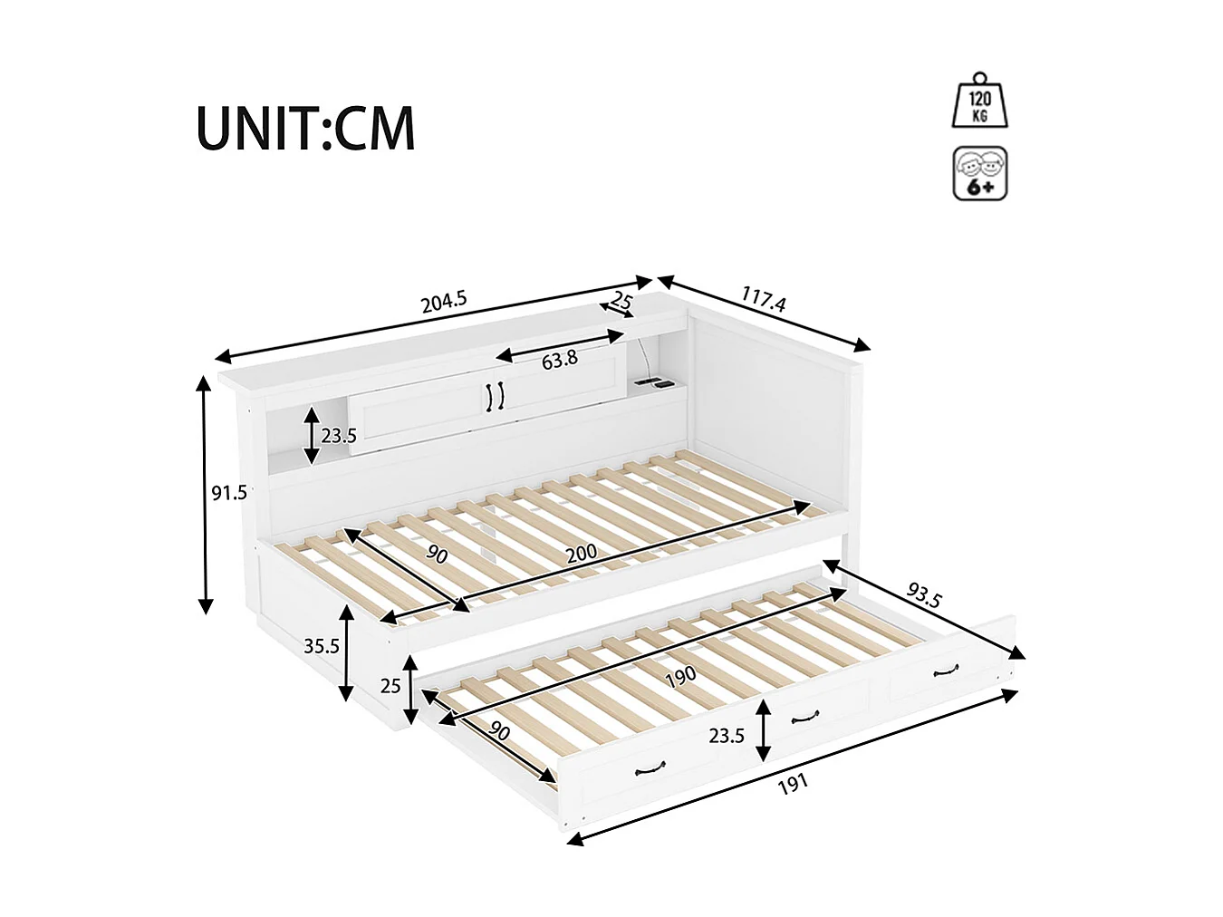 Canapé-lit 90*200cm, Eclairage d'ambiance avec télécommande, Compartiment de rangement, Prise + USB, Blanc