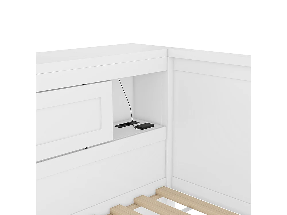 Canapé-lit 90*200cm, Eclairage d'ambiance avec télécommande, Compartiment de rangement, Prise + USB, Blanc