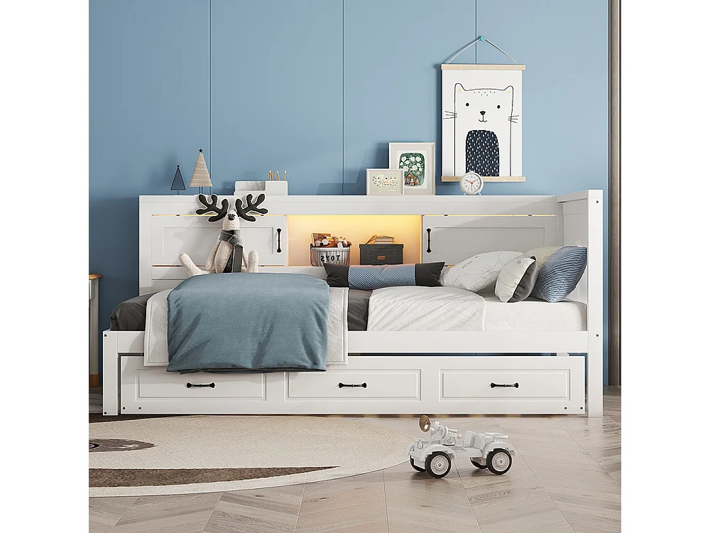 Canapé-lit 90*200cm, Eclairage d'ambiance avec télécommande, Compartiment de rangement, Prise + USB, Blanc