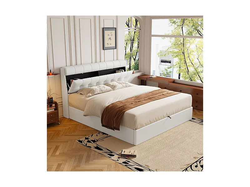 Hydraulisches Polsterbett 140x190, versteckter Stauraum am Kopfende, Stauraum im Bettkasten mit Lattenrost und Kopfteil, weiß