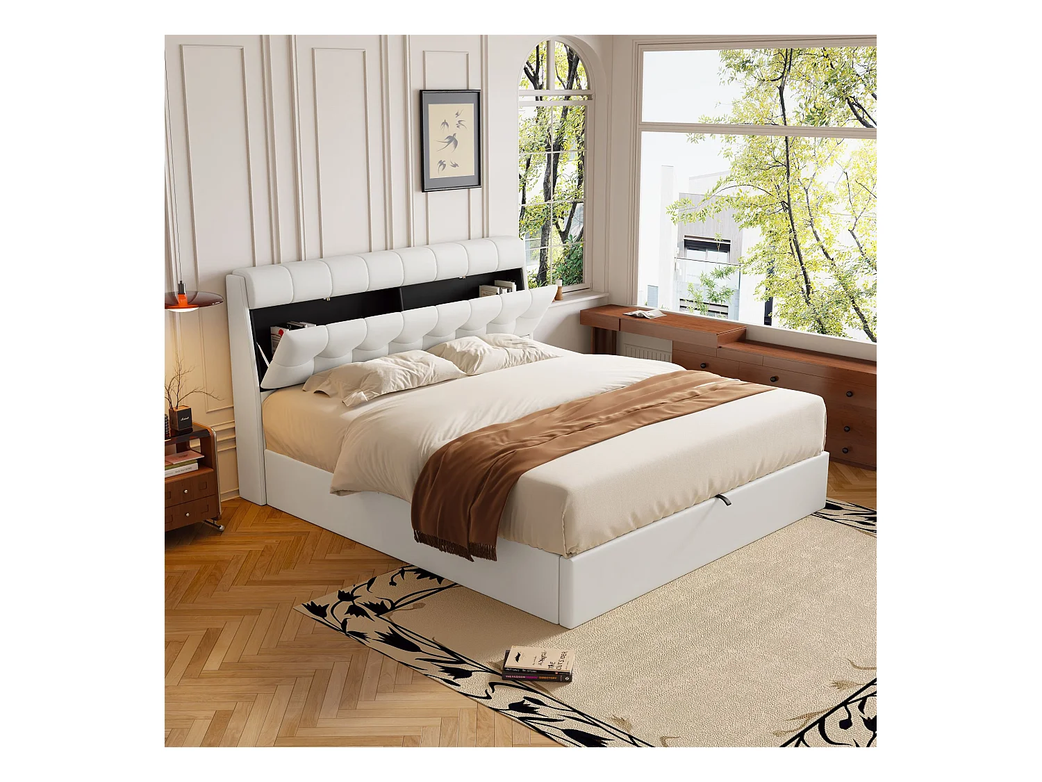Lit capitonné hydraulique 140x190, rangement dissimulé à la tête de lit, rangement du coffre de lit avec sommier à lattes et tête de lit, blanc