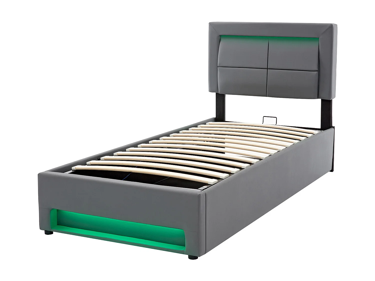 Lit rembourré 90 x 200 cm, avec port USB (charge sans fil et filaire), éclairage LED et espace de rangement, gris