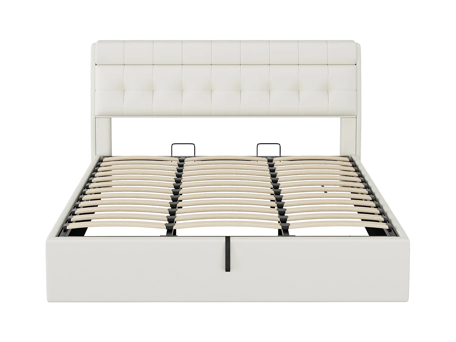 Lit capitonné hydraulique 180*200, rangement dissimulé à la tête de lit, rangement sous le lit, PU, avec sommier à lattes et tête de lit, blanc