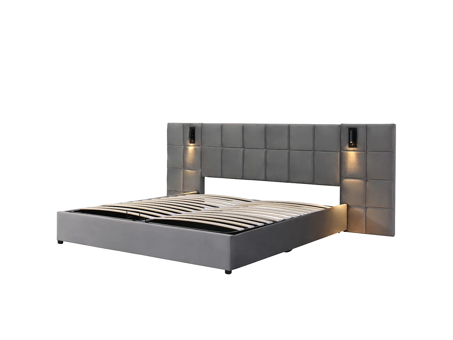Lit hydraulique 180*200 cm, avec lampe et chargeur USB, tête de lit large, sans tête de lit, velours, gris