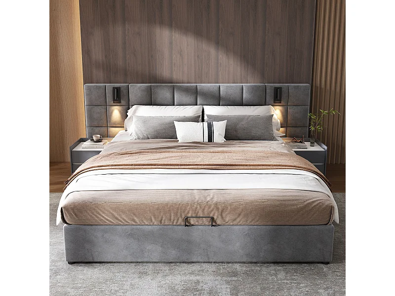 Cama de almacenamiento hidráulica 140*200 cm, con luz direccional y cargador USB, sin cabecero, terciopelo, gris