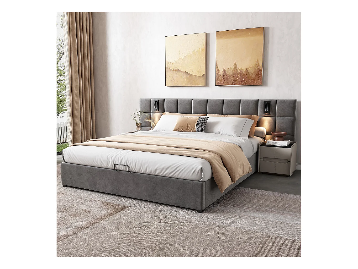Lit de rangement hydraulique 140*200 cm, avec lumière directionnelle et chargeur USB, sans tête de lit, velours, gris