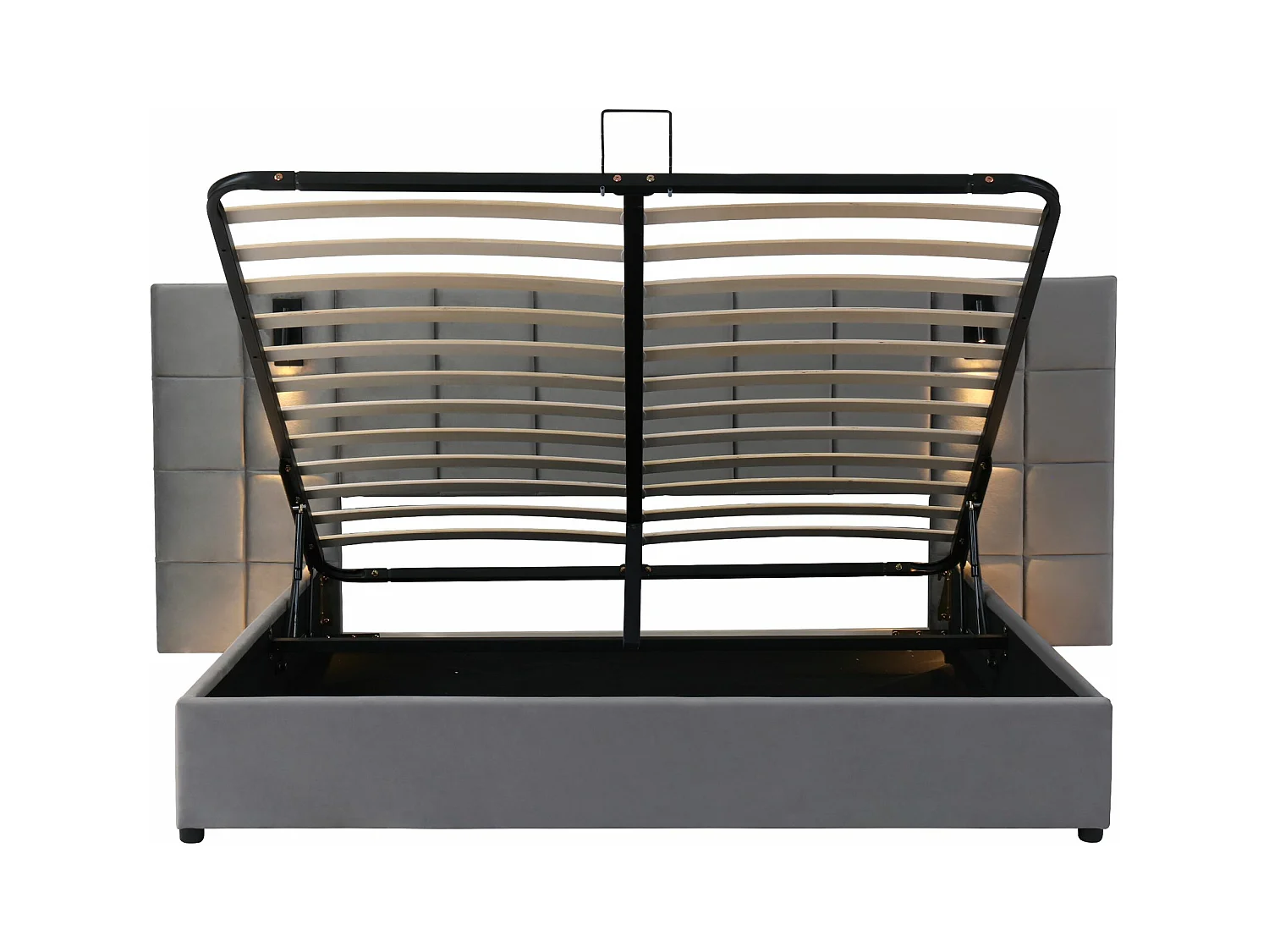 Lit de rangement hydraulique 140*200 cm, avec lumière directionnelle et chargeur USB, sans tête de lit, velours, gris