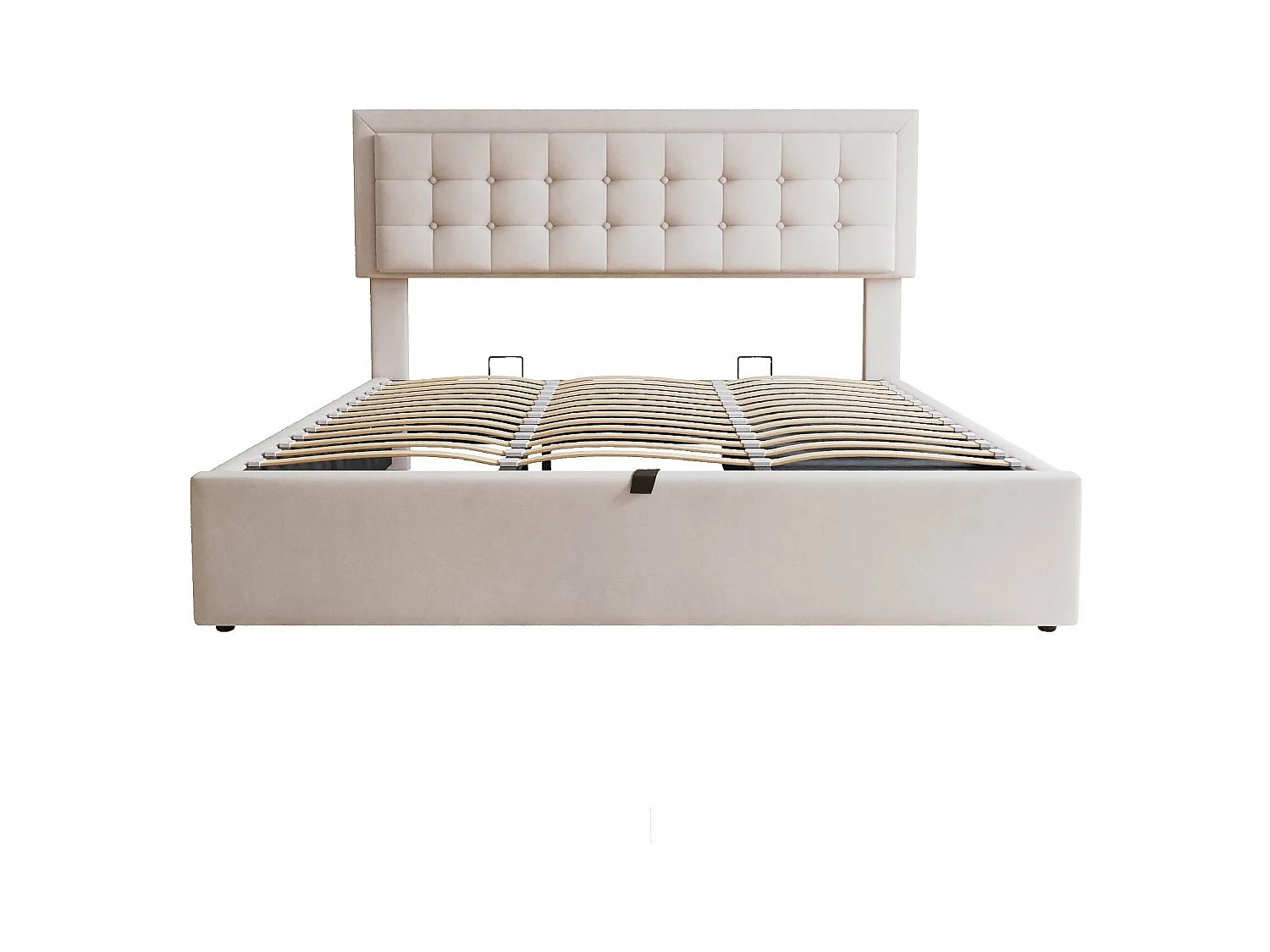 Lit capitonné hydraulique 160 x 200, points de tension sur la tête de lit, sommier à lattes, lit double avec 3 tiroirs, lin, beige