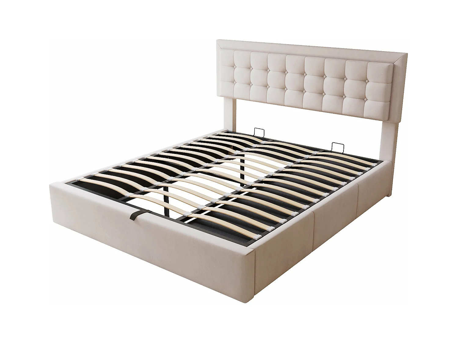 Lit capitonné hydraulique 160 x 200, points de tension sur la tête de lit, sommier à lattes, lit double avec 3 tiroirs, lin, beige