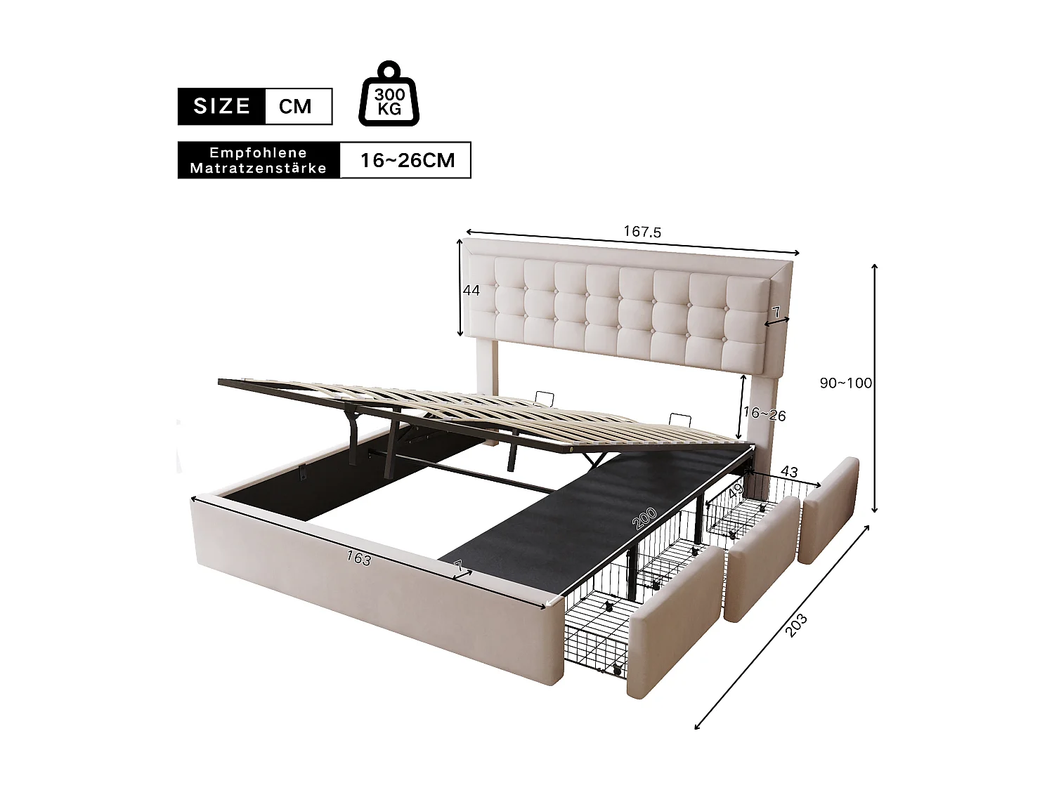 Cama estofada hidráulica 160*200, pontos de tensão na cabeceira, estrado de ripas, cama de casal com 3 gavetas, linho, bege