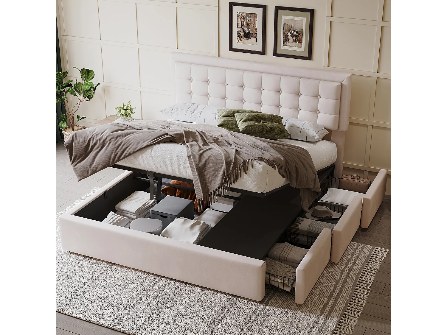 Cama estofada hidráulica 160*200, pontos de tensão na cabeceira, estrado de ripas, cama de casal com 3 gavetas, linho, bege