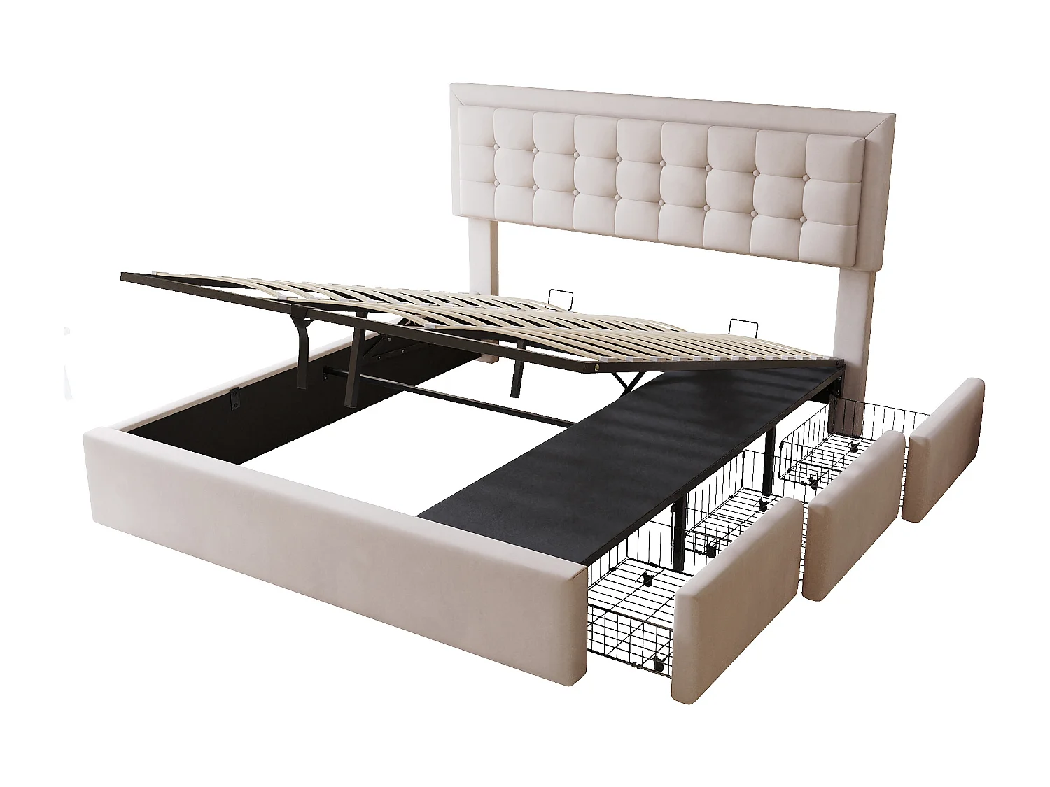 Cama estofada hidráulica 160*200, pontos de tensão na cabeceira, estrado de ripas, cama de casal com 3 gavetas, linho, bege