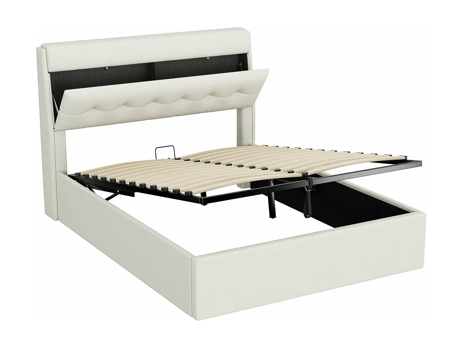 Letto imbottito idraulico 140x200, contenitore a scomparsa sulla testata, contenitore nel box letto con rete a doghe e testata, bianco