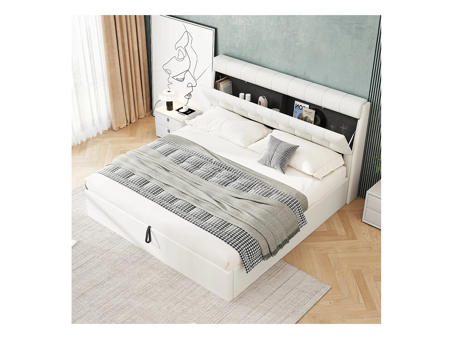 Lit capitonné hydraulique 140x200, rangement dissimulé à la tête de lit, rangement du coffre de lit avec sommier à lattes et tête de lit, blanc