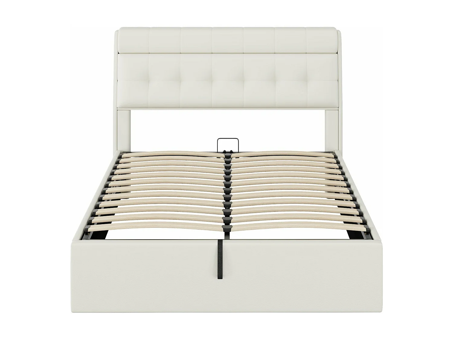 Cama estofada hidráulica 140x200, arrumação oculta na cabeceira, arrumação na cama box com estrado de ripas e cabeceira, branco