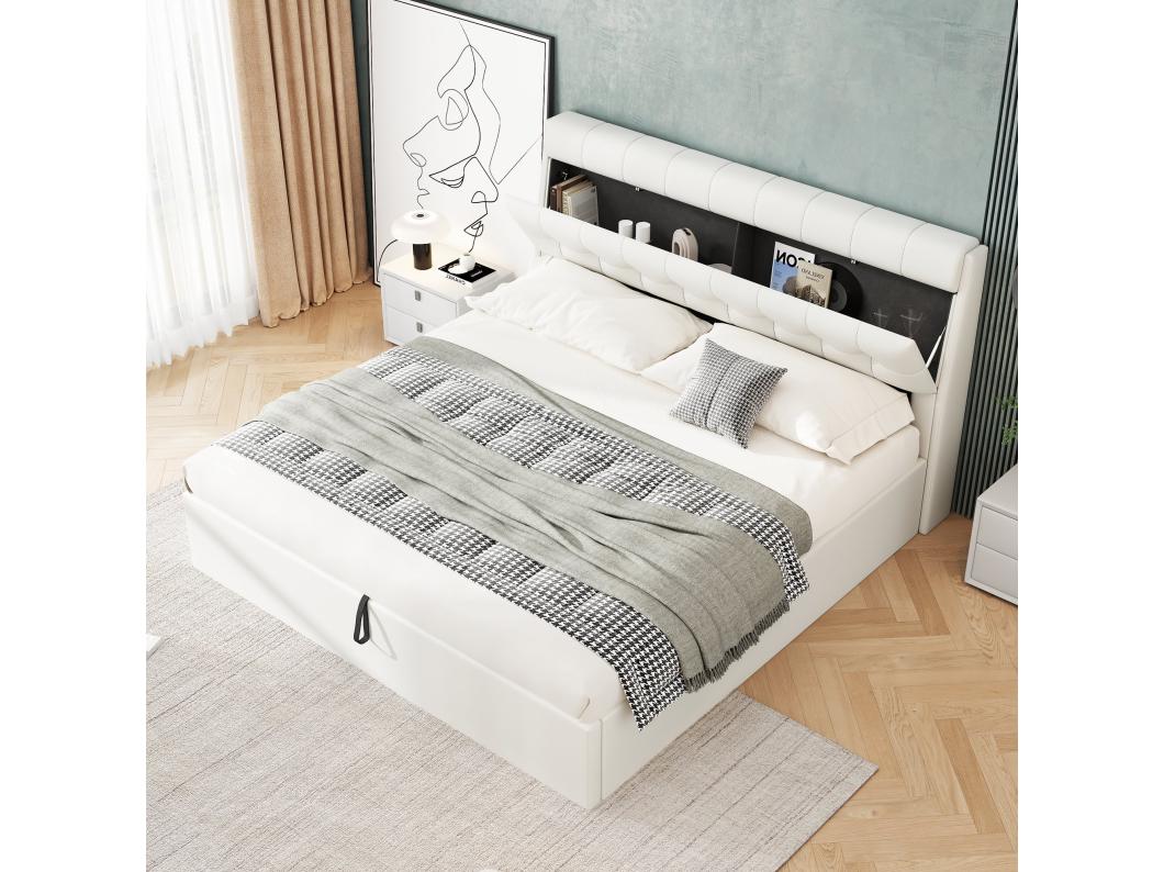 Lit capitonné hydraulique 140x200, rangement dissimulé à la tête de lit, rangement du coffre de lit avec sommier à lattes et tête de lit, blanc