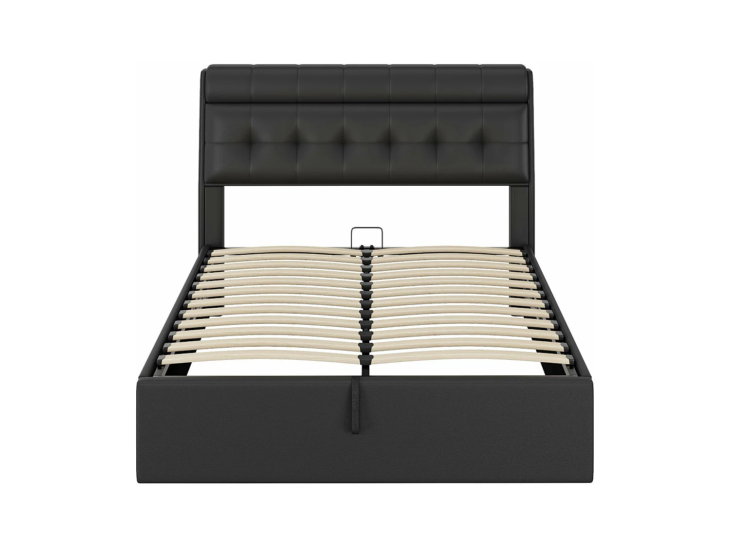 Letto imbottito idraulico 140x190, contenitore a scomparsa sulla testata, contenitore nel box letto con rete a doghe e testata, nero