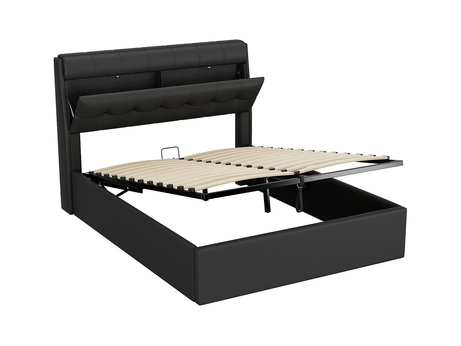 Letto imbottito idraulico 140x190, contenitore a scomparsa sulla testata, contenitore nel box letto con rete a doghe e testata, nero