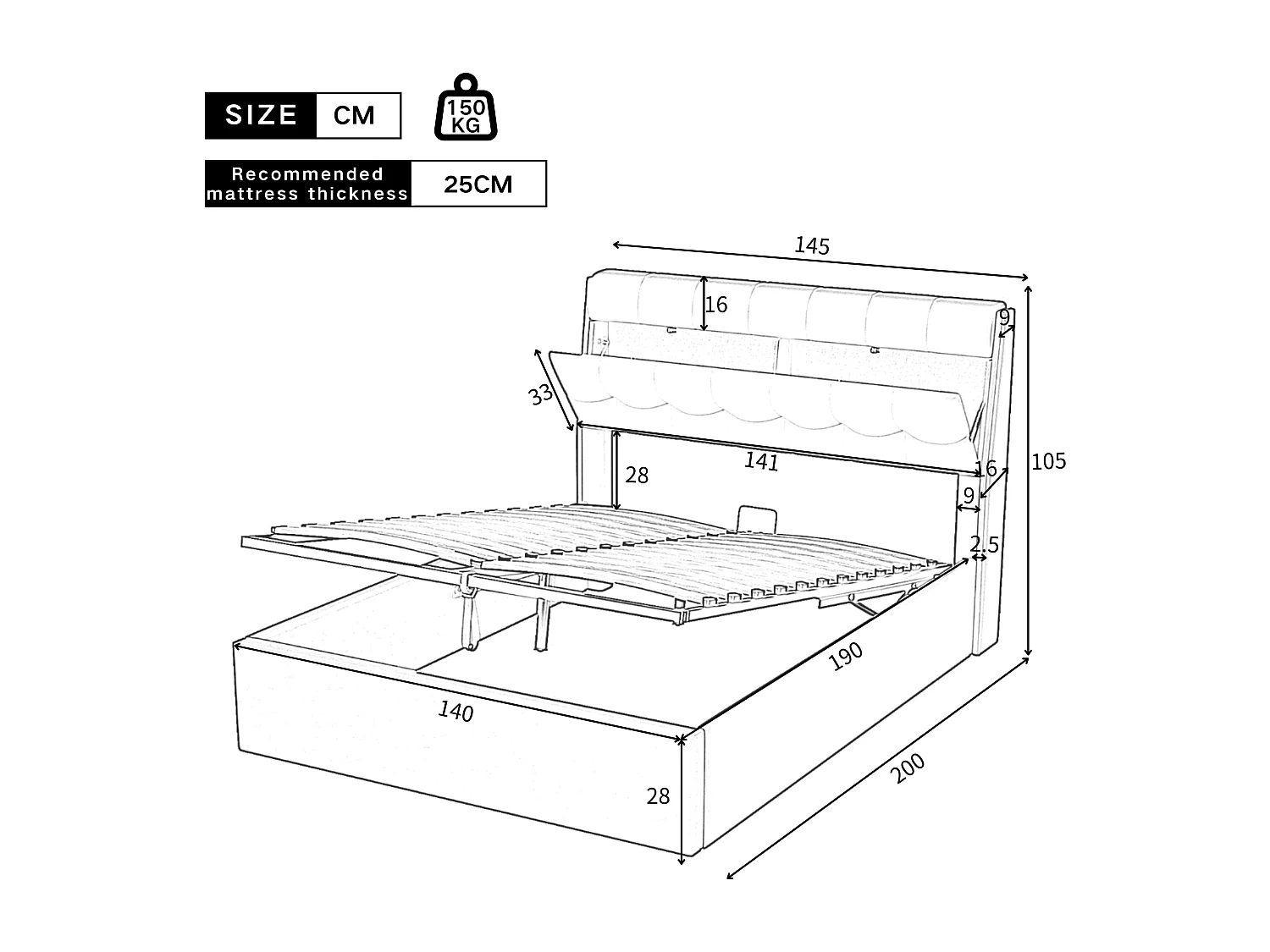 Cama estofada hidráulica 140x190, arrumação oculta na cabeceira, arrumação em cama box com estrado de ripas e cabeceira, preto
