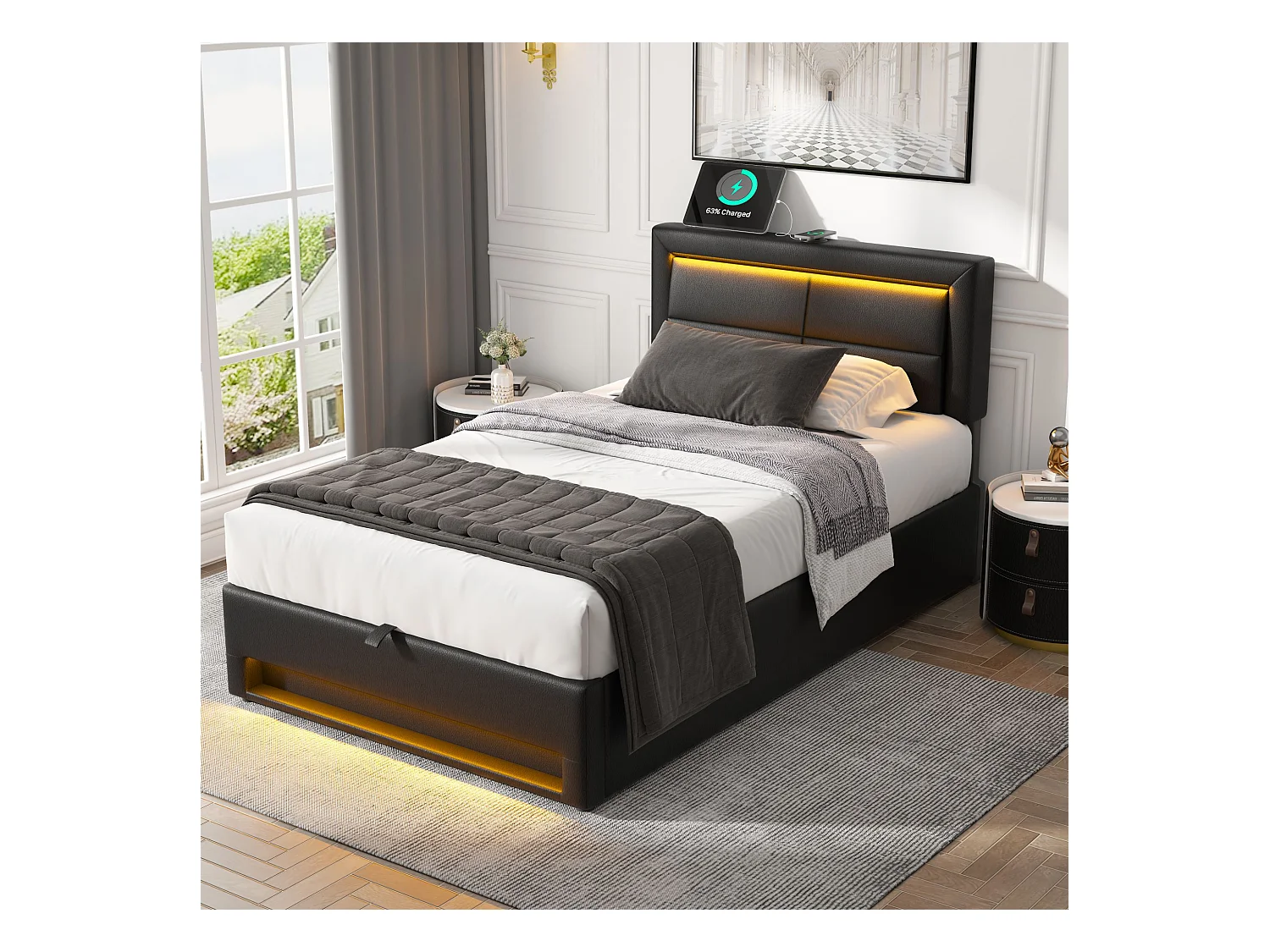 Lit rembourré 90 x 200 cm, avec port USB (charge sans fil et filaire), éclairage LED et espace de rangement, noir