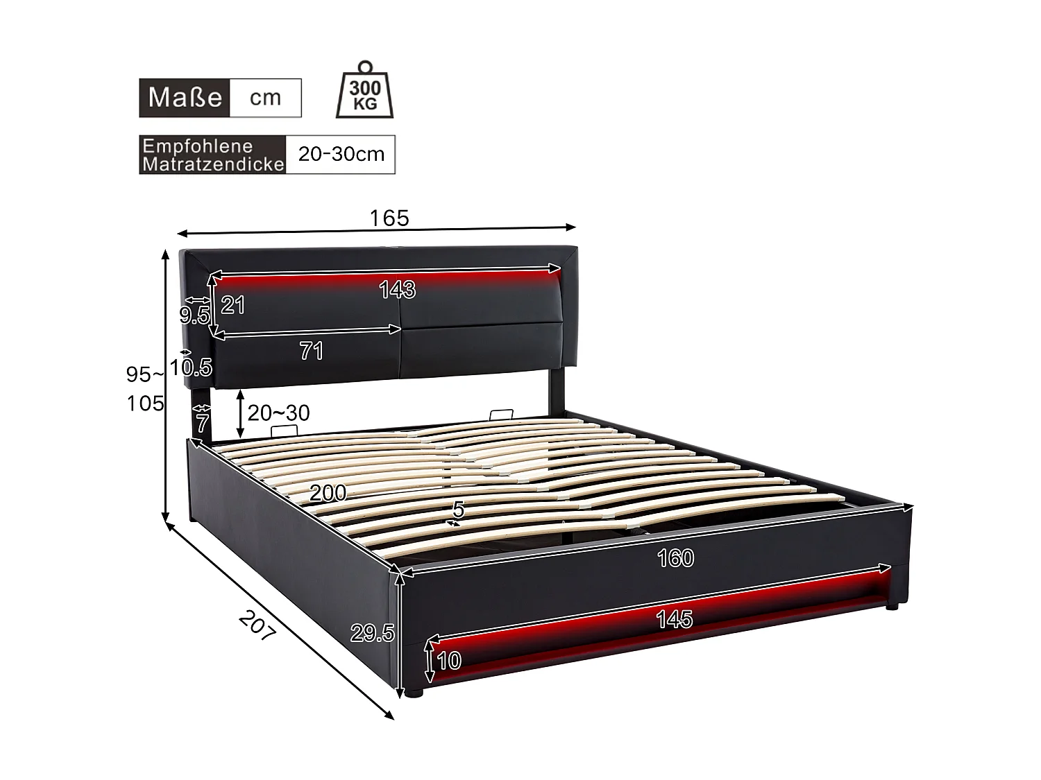 Cama tapizada 160 x 200 cm, con puerto USB (para carga inalámbrica y por cable), con luz LED, negra