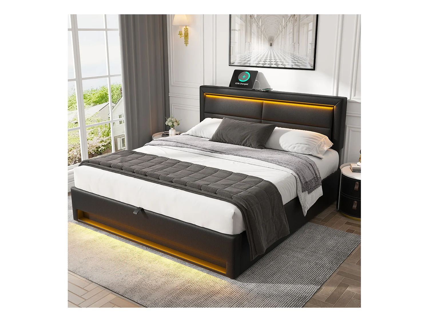 Lit rembourré 160 x 200 cm, avec port USB (permet le chargement sans fil et câblé), avec éclairage LED, noir