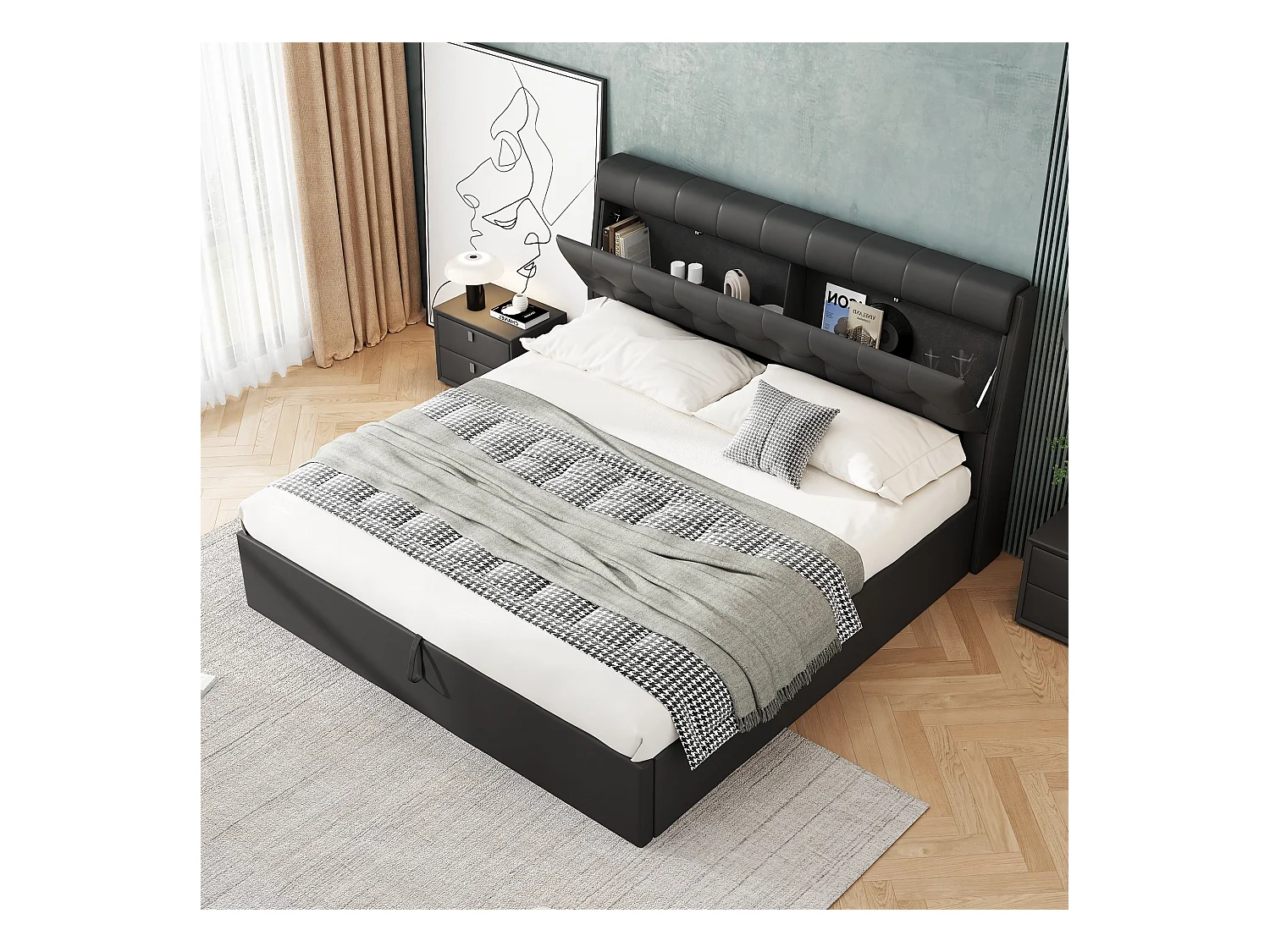 Lit capitonné hydraulique 140x200, rangement dissimulé à la tête de lit, rangement du coffre de lit avec sommier à lattes et tête de lit, noir