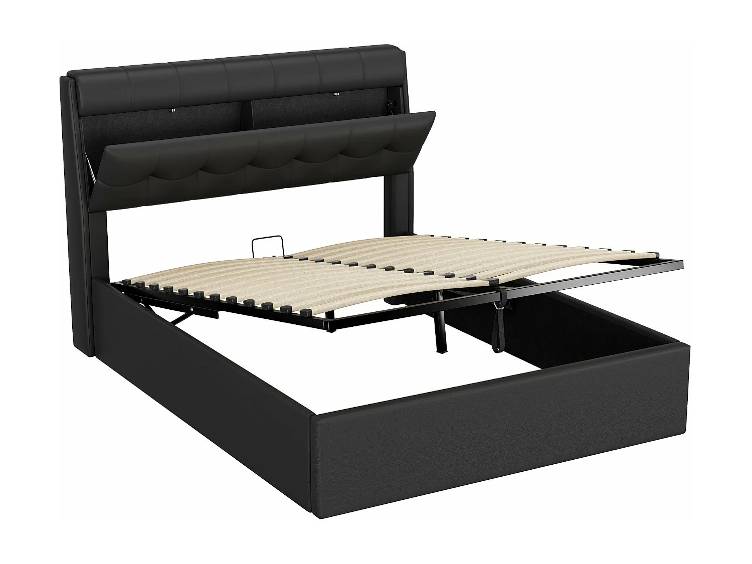 Cama estofada hidráulica 140x200, arrumação oculta na cabeceira, arrumação na cama box com base de ripas e cabeceira, preto